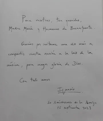 Dedicatoria manuscrita Ignacio Yepes ofrenda Amistad 2023